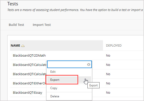 On the Tests page in Blackboard, the arrow next to a test name has opened a dropdown menu. Export is highlighted in the dropdown menu.
